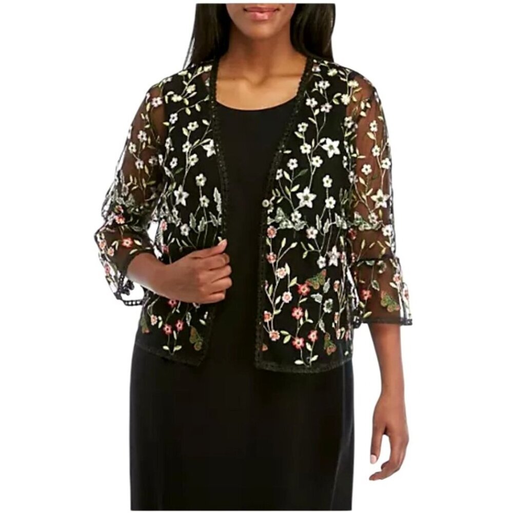 Rabbit‎ Rabbit Rabbit Cardigan Women 3X Black Floral Embroidered Mesh Cardigan